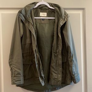 Army Green Water Resistant Utility Jacket with Packable Hood